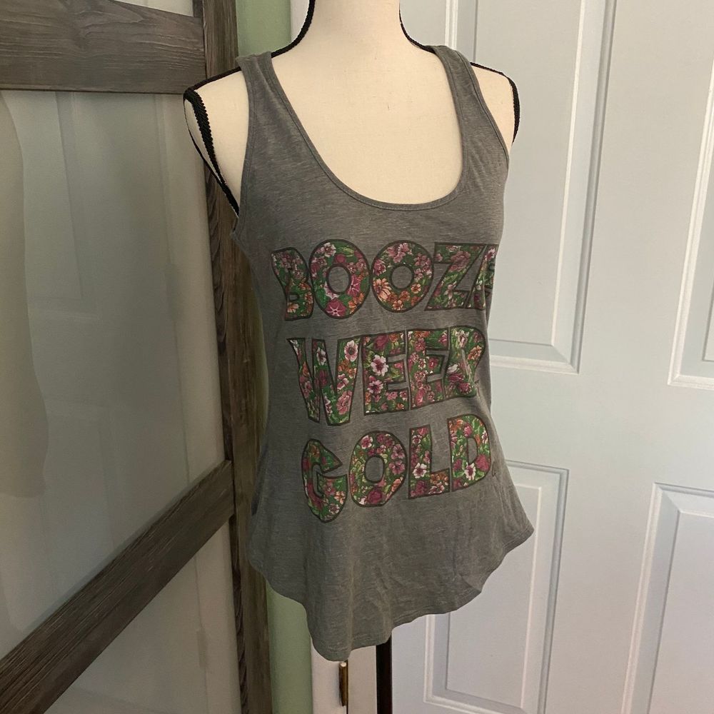 Booze, weed, gold floral letter tank